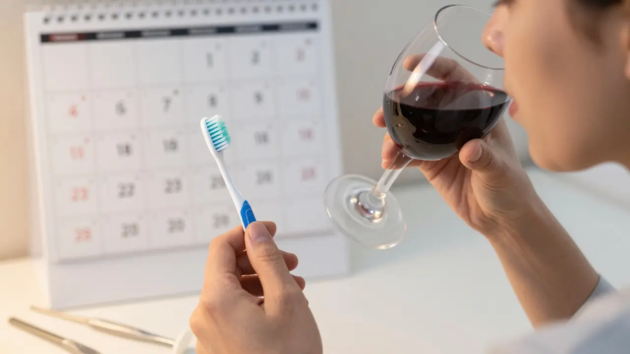 Osoba pije vodu po jídle, na pozadí kalendář s označenými intervaly pro opakování bělení.