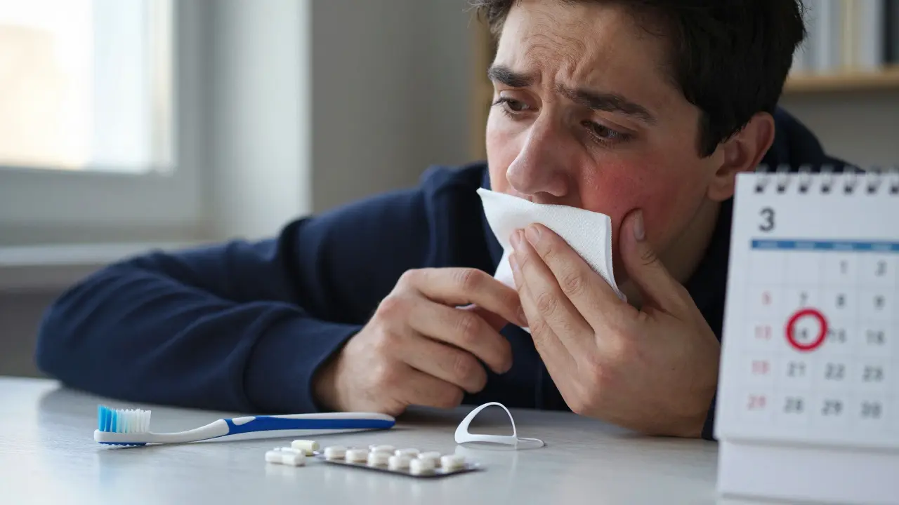 Osoba s otokem tváře drží chladný obklad vedle léků a zubního kartáčku.