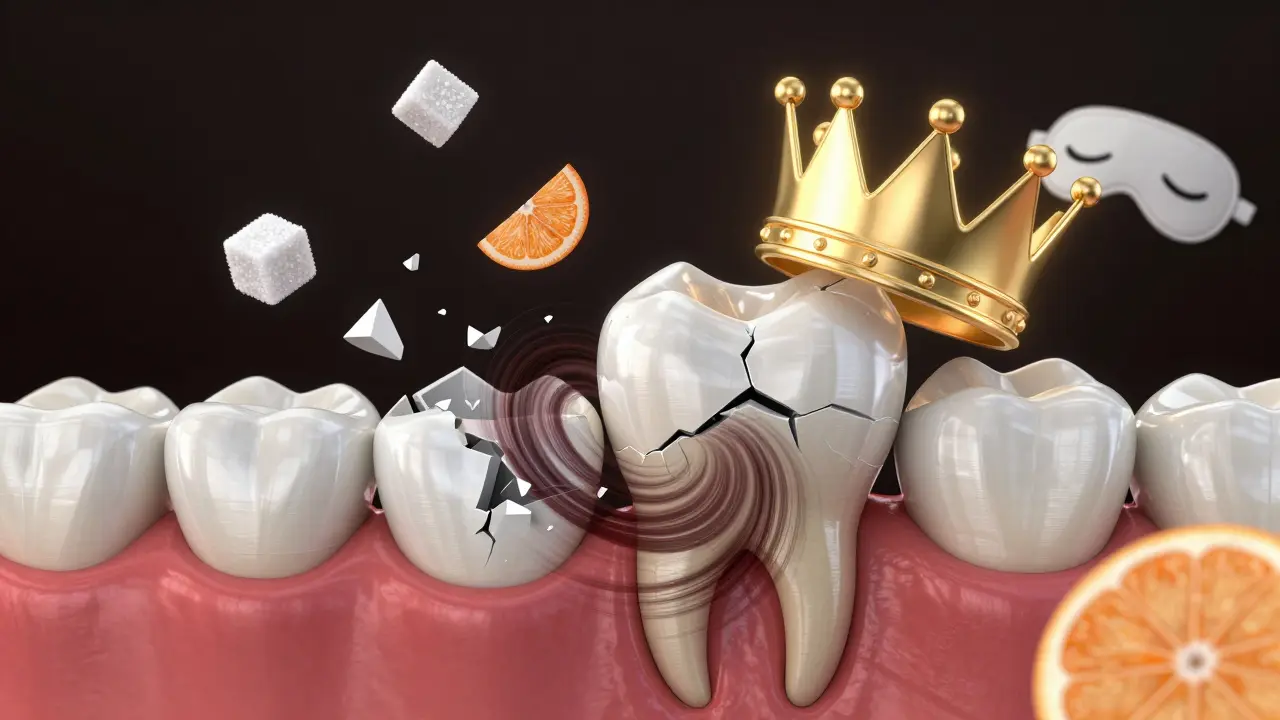 Poškozený zub pod e-max korunkou, zatímco stres a škrábání zubů způsobují další poškození.