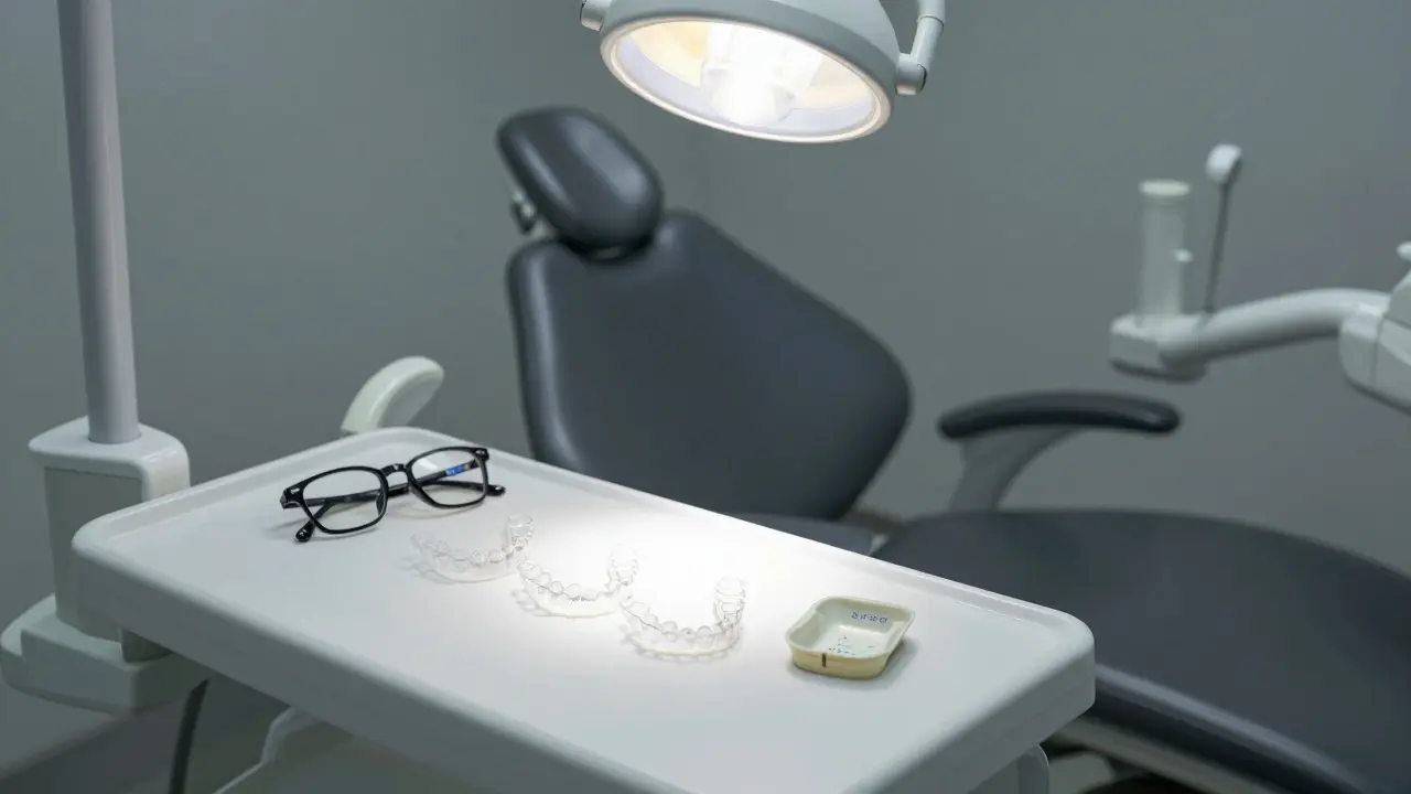 Prázdný ortodontický křeslo s třemi použitými průhlednými rovnátky a udržovacím šátkem na stole.