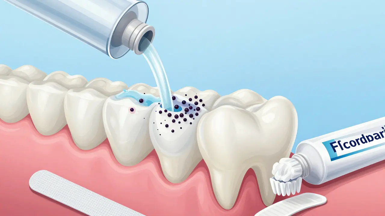 Přirozené zuby s viditelnými pigmenty, které se opět usazují, zatímco voda vyplachuje část barviv.