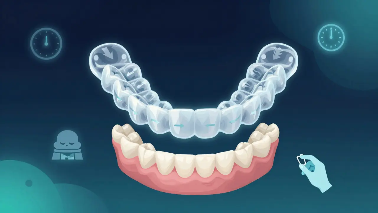 Průhledné alignery nad čelistí s ukazateli pohybu zubů, symboly času a péče, stylizovaná medicínská ilustrace.