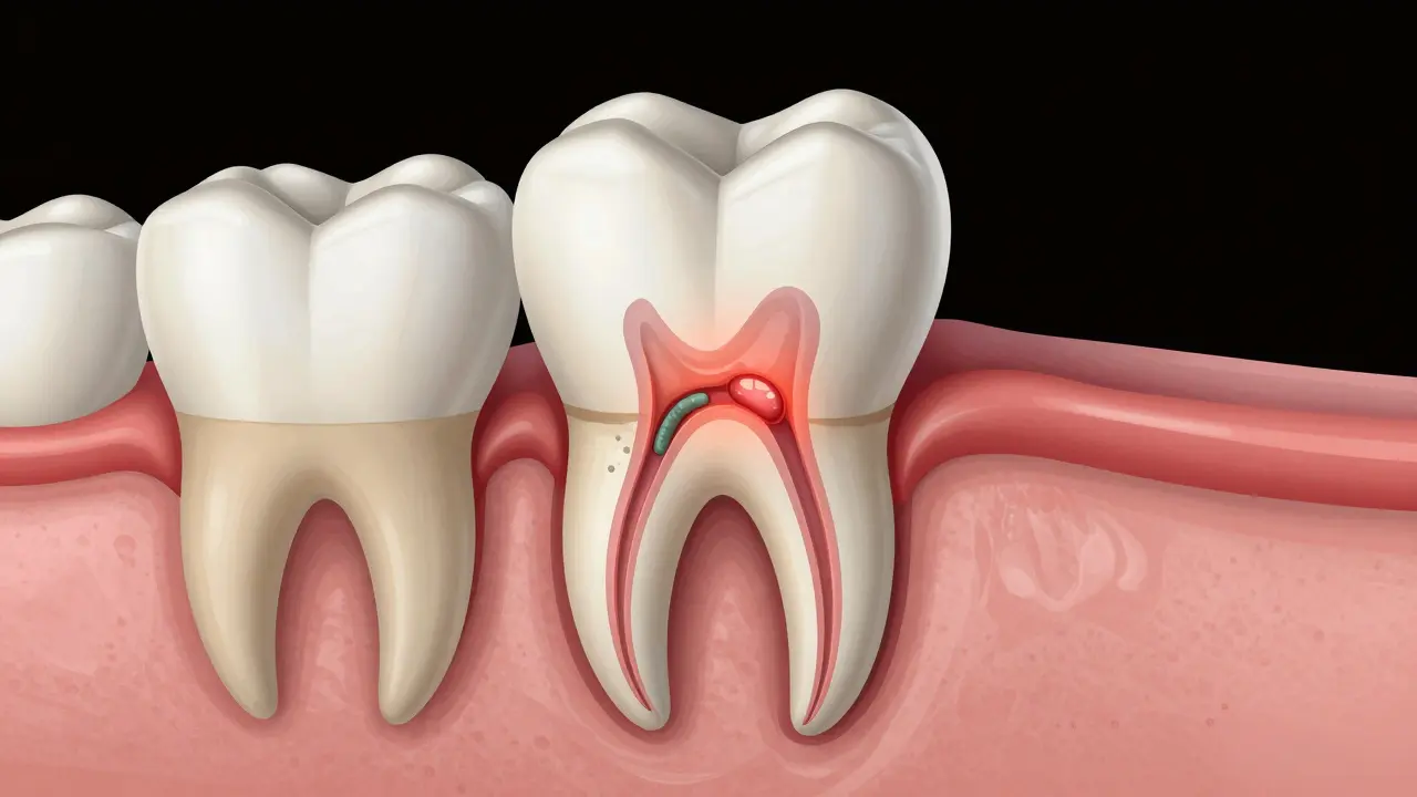 Průřez zubem s infikovanou pulpou a hnisem šířícím se do čelisti.