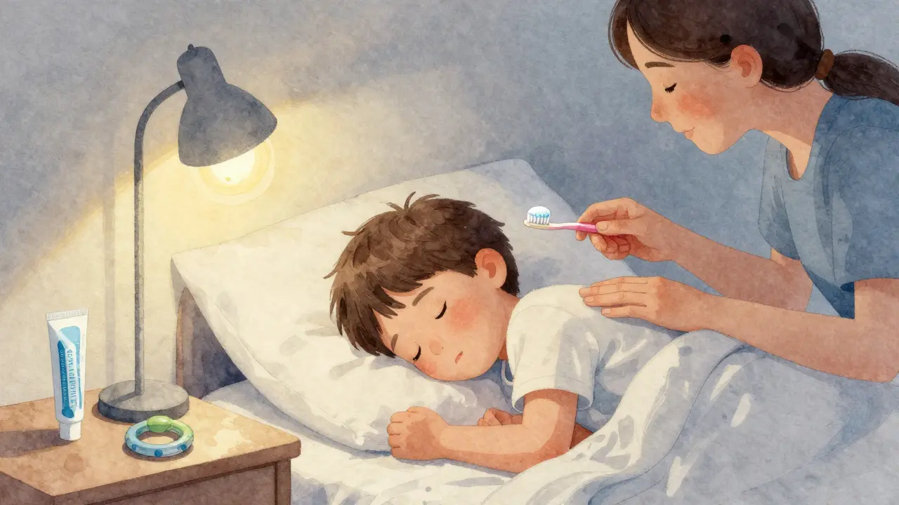 Rodič čte dítěti pohádku večer, zároveň masíruje jeho záda a drží zubní kartáček.
