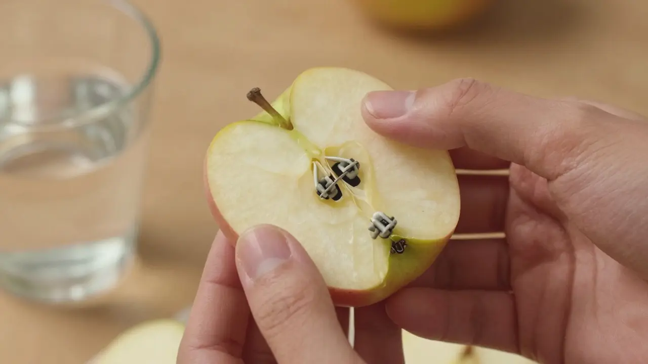 Rukou držený tenký kousek jablka s viditelnými keramickými rovnátky na zubech.