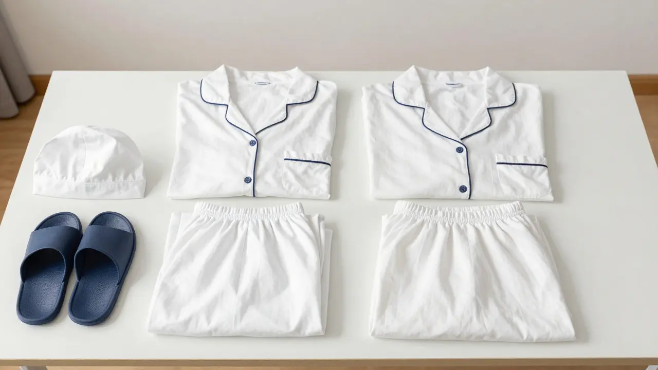 Sada dvou pyžamů a papučí připravená k transportu.