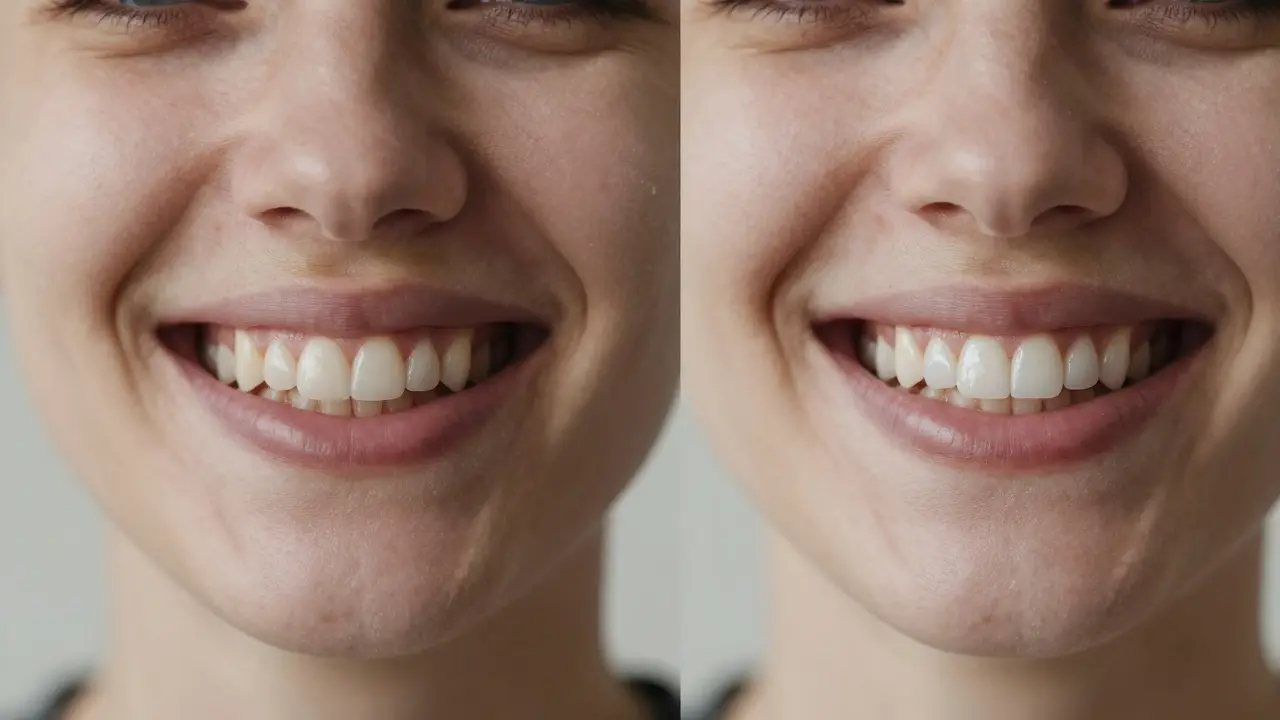 Side-by-side comparison of a tooth before and after polishing, highlighting improved texture and natural shine.