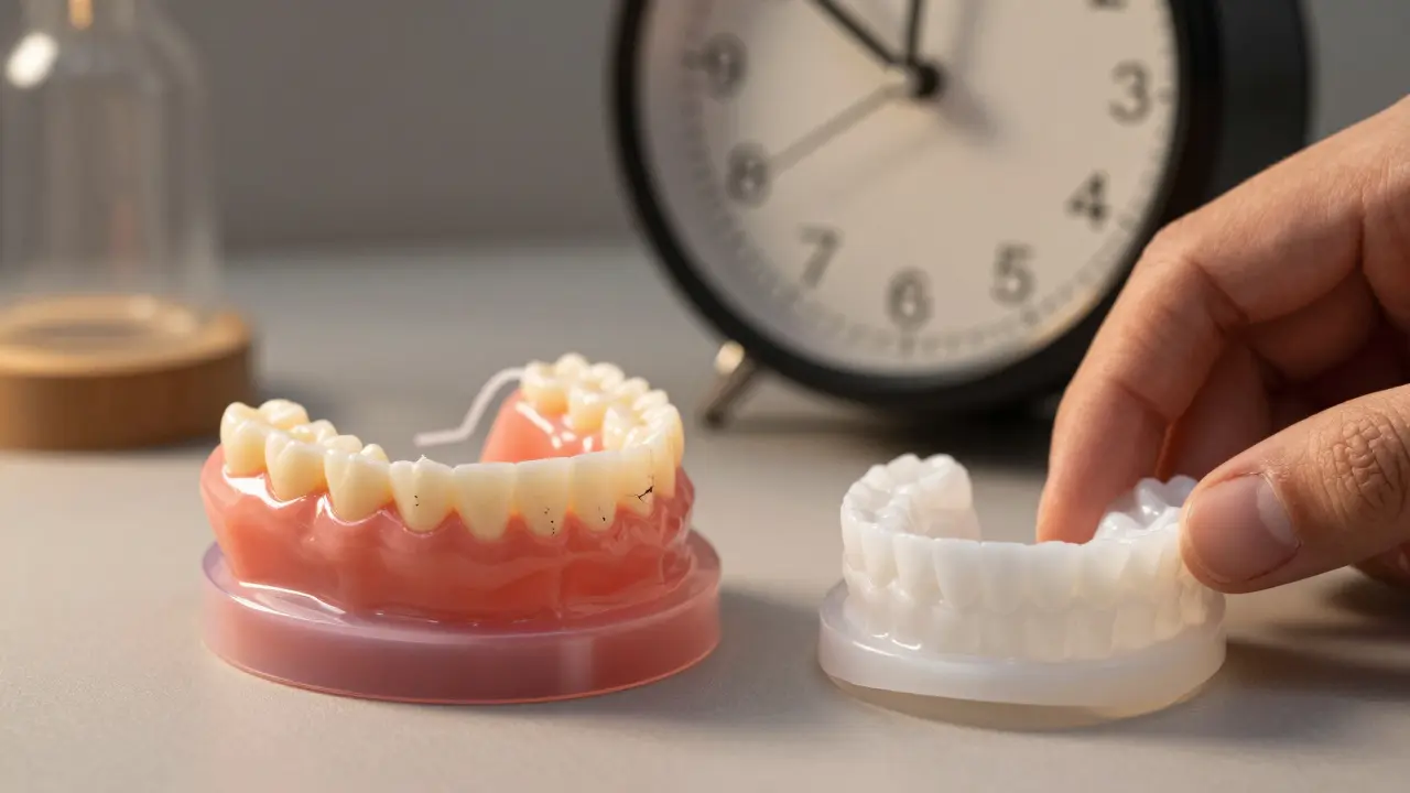 Staré a nové nasazovací zuby vedle sebe – symbolické znázornění jejich životnosti a výměny po 5 letech.