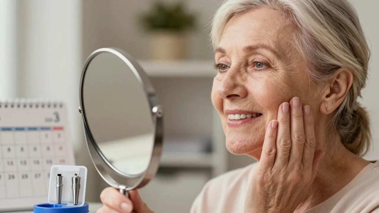 Starší žena se dívá do zrcadla a hladí si tvář s přirozenými zuby.
