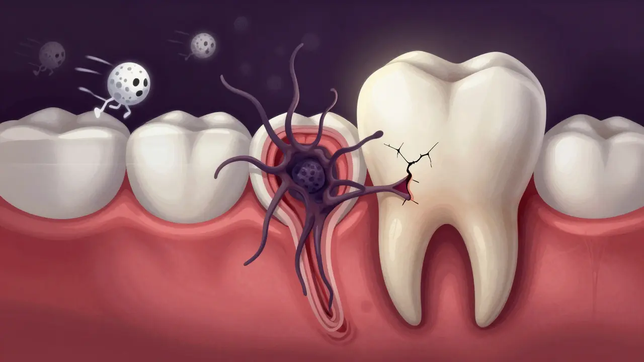 Symbolická ilustrace infekce v zubu: bakterie pronikající do pulpy a bílé krvinky reagující na infekci.