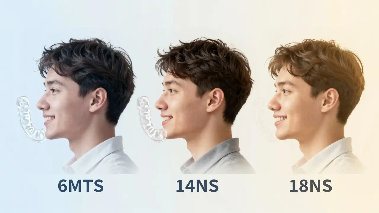 Tři portréty téhož člověka v různých fázích ortodontické léčby s postupně se vyrovnávajícími zuby.