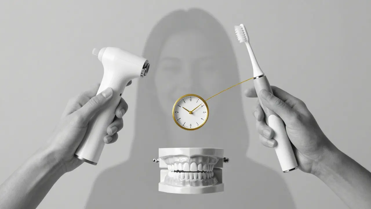 Ultrazvukový čistič a elektrický kartáček symbolizují různé přístupy k pravidelné péči o zuby.