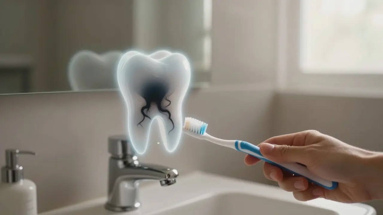 Zrcadlo odrazující zub s temným stínem šířícím se do jeho nitra.