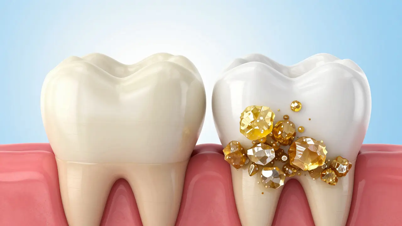 3D ilustrace rozdílu mezi měkkým zubním plakem a tvrdým zubním kamenem.