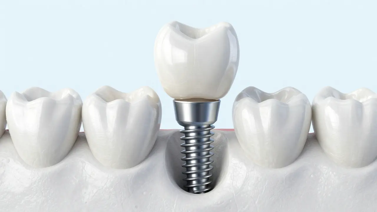 3D ilustrace zubního implantátu z titanu integrovaného do kostře čelisti.