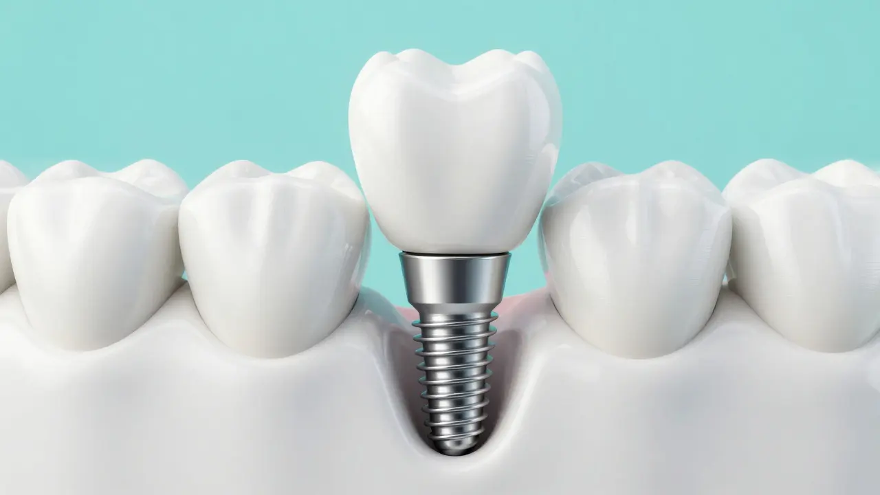 3D render zubního implantátu v čelistní kosti.