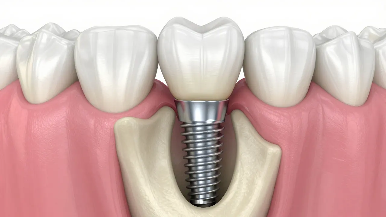 3D vizualizace zubního implantátu s titanovým šroubkem a keramickou korunkou v čelisti.