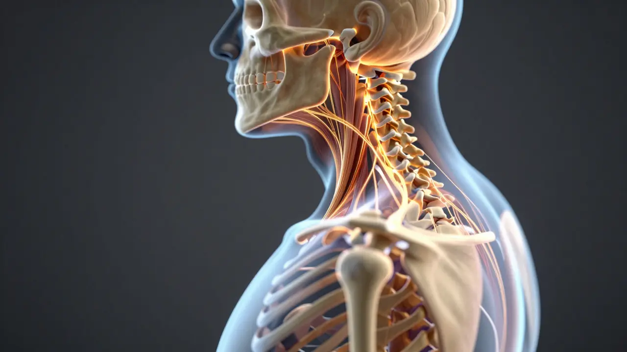 Anatomický model ukazující napětí v čelistním kloubu, krku a zádech způsobené špatným skusem.