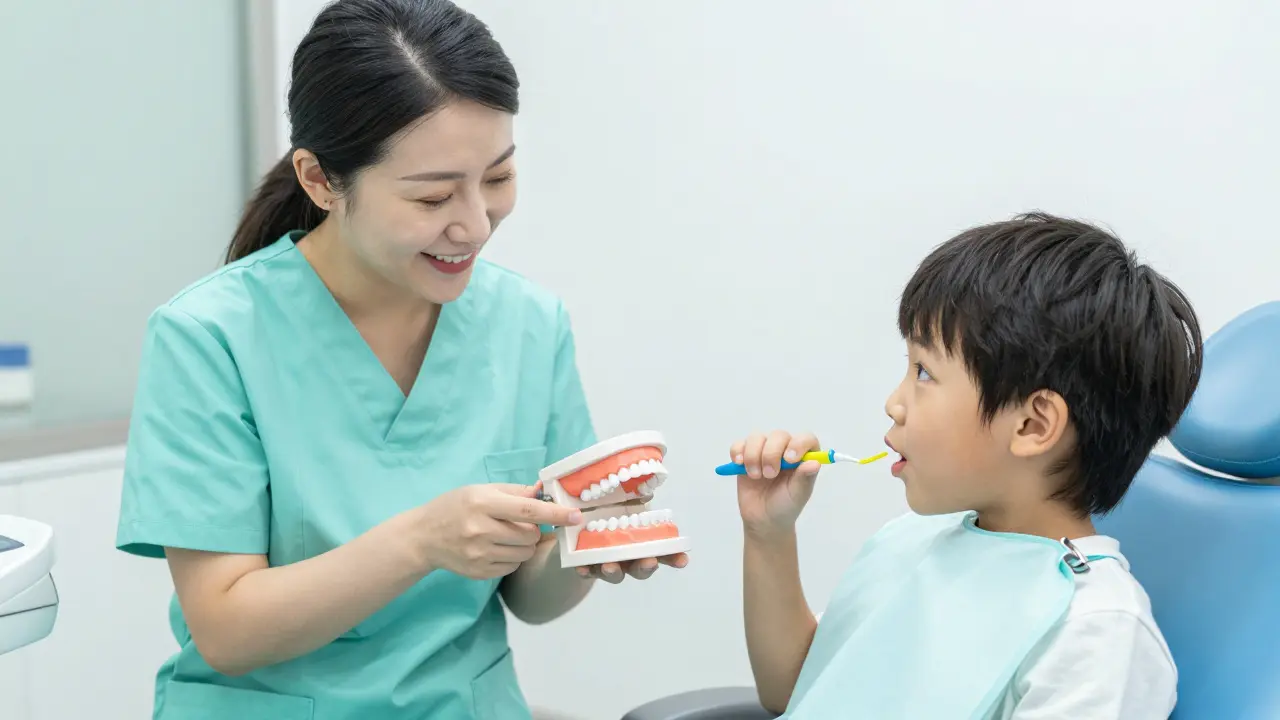 Dentální hygienika učí dítě používat meziprostorový kartáček.