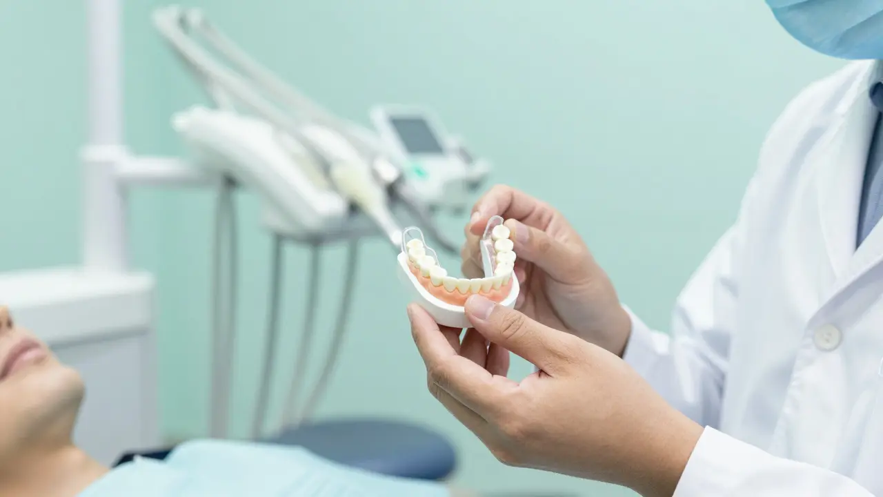Dentista ukazuje pacientovi individuální formu pro profesionální bělení zubů v ordinaci.