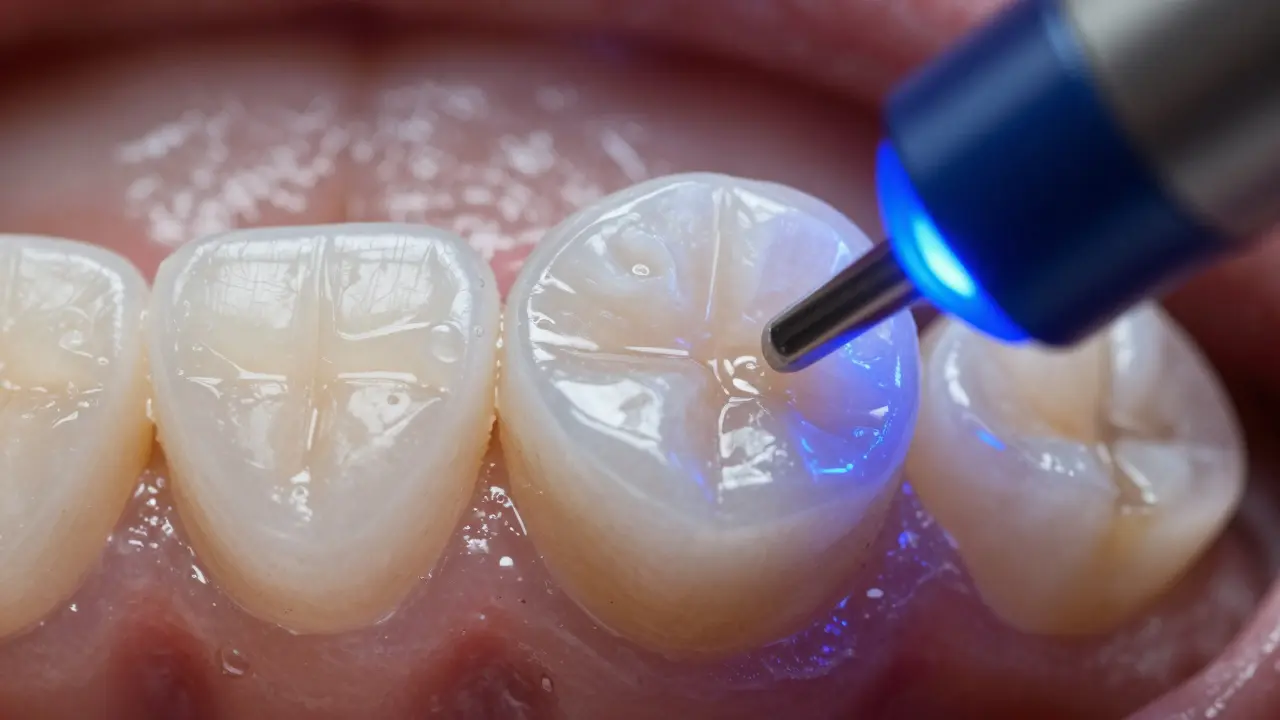 Detail nanášení kompozitní pryskyřice na zub s použitím modrého UV světla