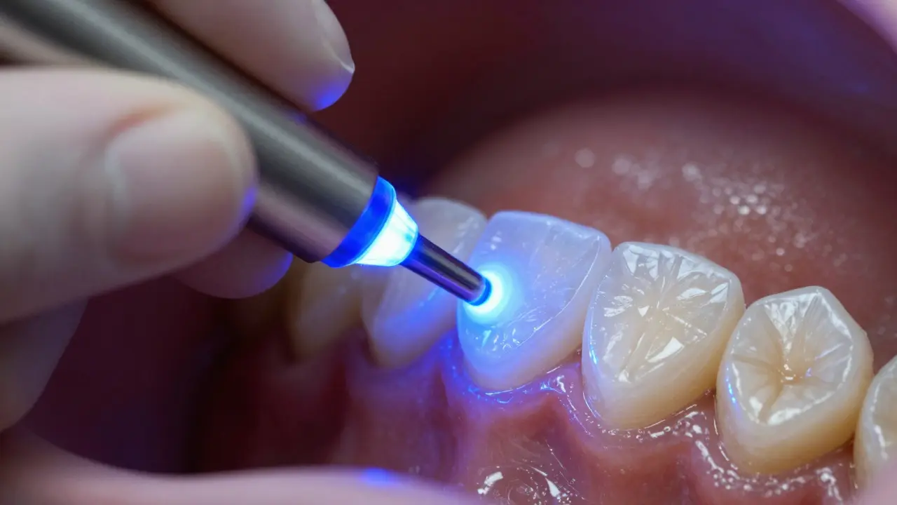 Detail ošetření předního zubu pomocí modrého polymerizačního světla.