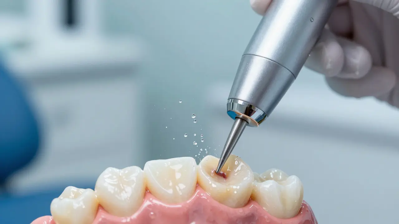 Detail profesionálního odstranění zubního kamene pomocí ultrazvukového přístroje.