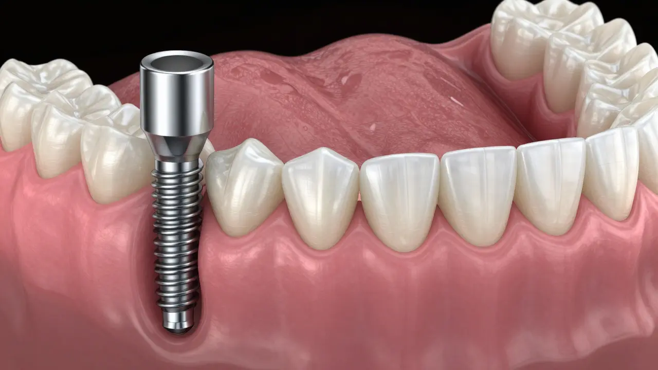 Detailní zobrazení titanového implantátu a keramické korunky v čelistné kosti.