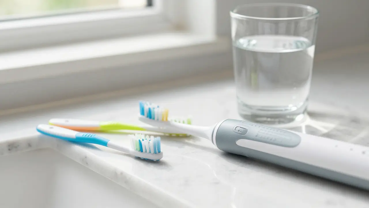 Elektrický kartáček a mezizubní kartáčky na koupelnové poloce.