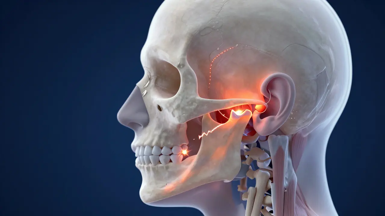 Ilustrace sítě napětí od čelistního kloubu až po spánky hlavy.