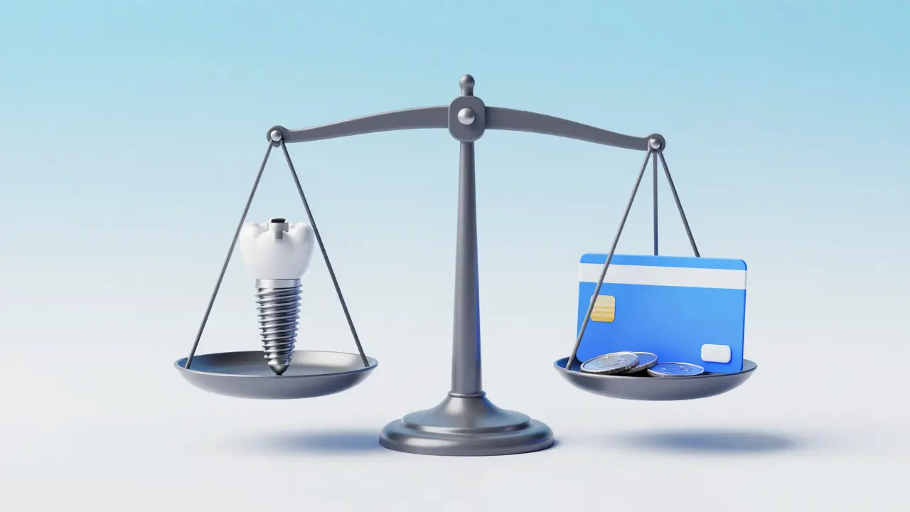 Konceptuální obraz zubního implantátu, mincí a pojišťovné karty na váhách.