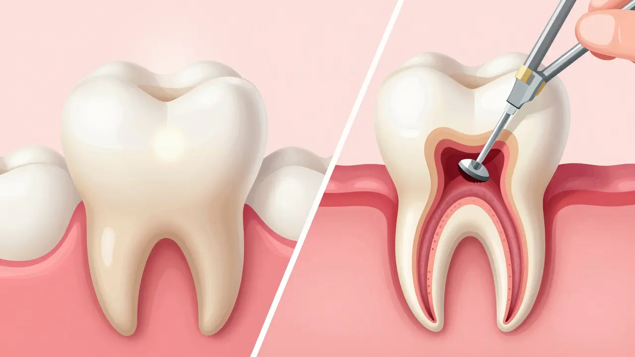 Konceptuální schéma srovnání povrchového kazu a léčby kořenových kanálků.