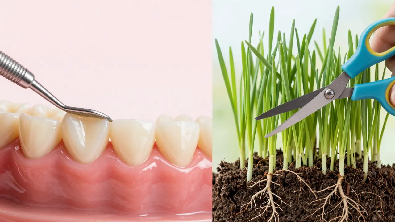 Konceptuální srovnání broušení zubů s přistřihováním trávy, kde zůstávají kořeny nedotčeny.