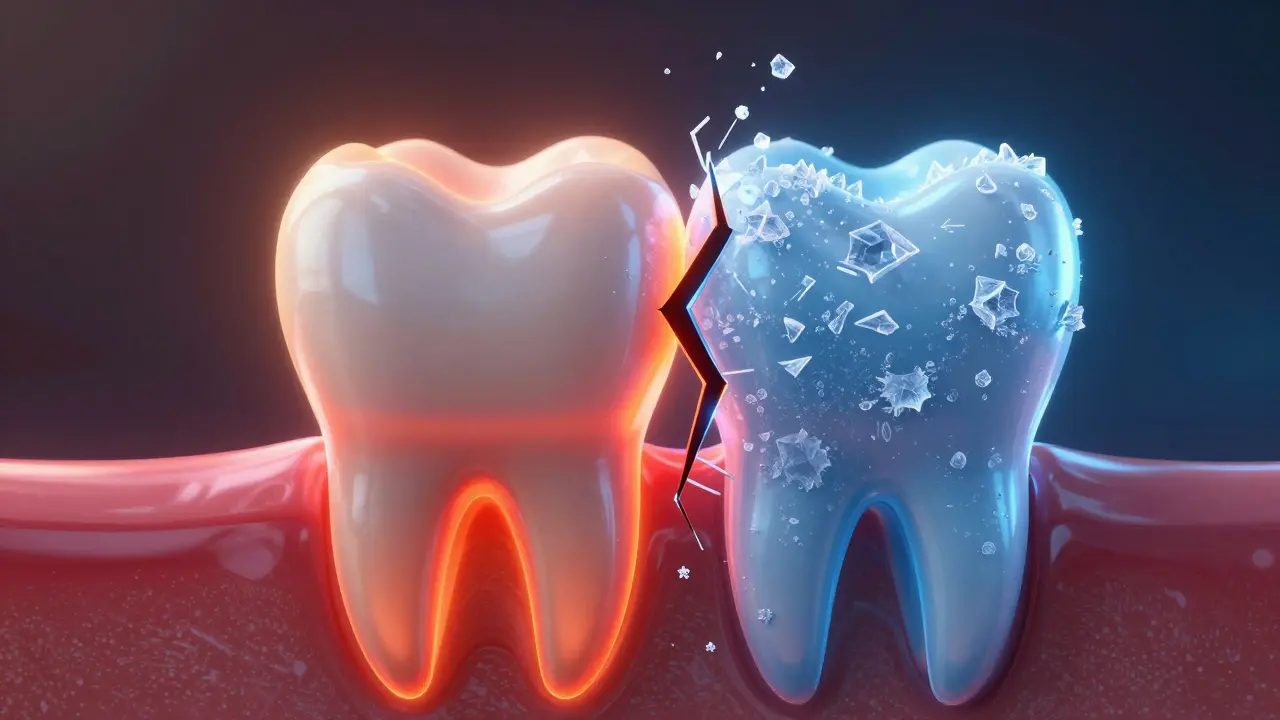 Konceptuální znázornení termického šoku a praskání zubu vlivem teplot.