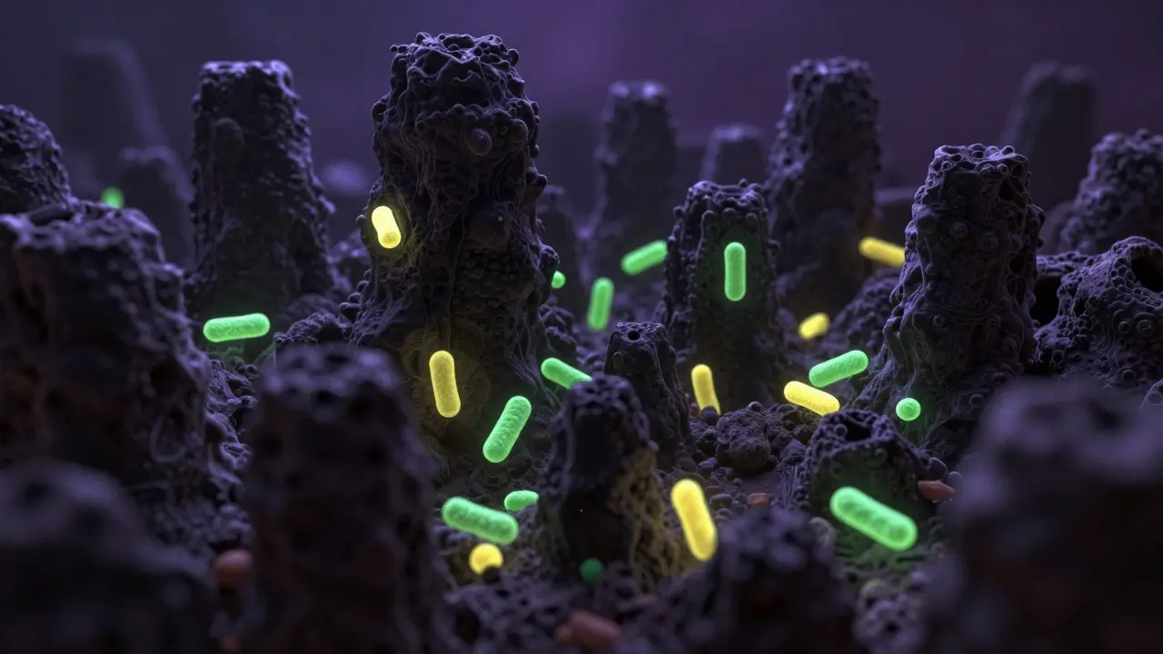 Konceptuální zobrazení anaerobních bakterií uvnitř struktury černého kamene.