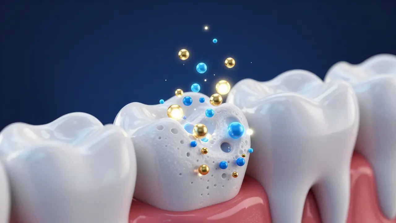 Konceptuální zobrazení procesu remineralizace zubní skloviny pomocí minerálů.
