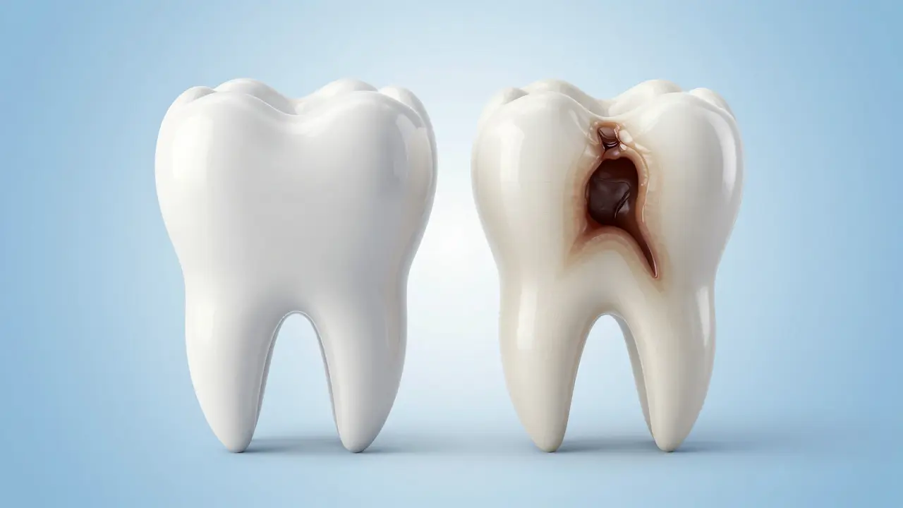 Konceptuální zobrazení zdravého zubu vedle zubu s vnitřním mezizubním kazem.