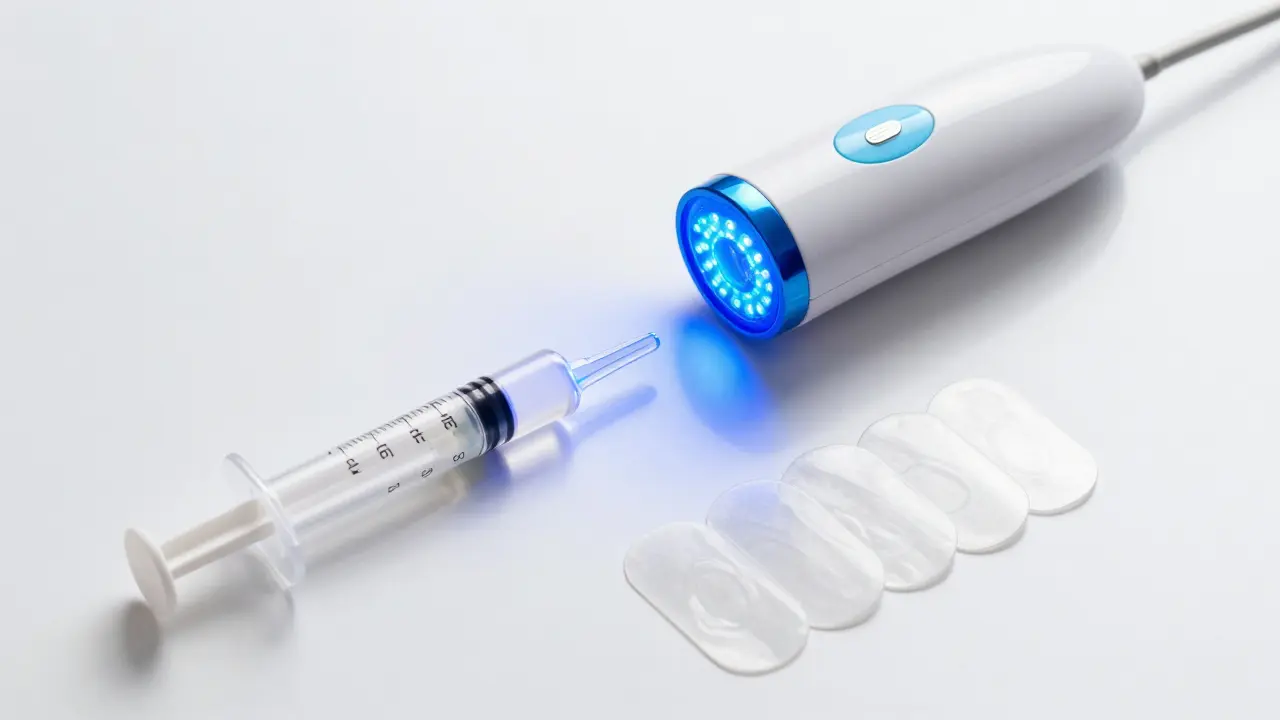 Moderní sada na bělení zubů s LED lampou, bělícím gelem a proužky na bílém podkladu.