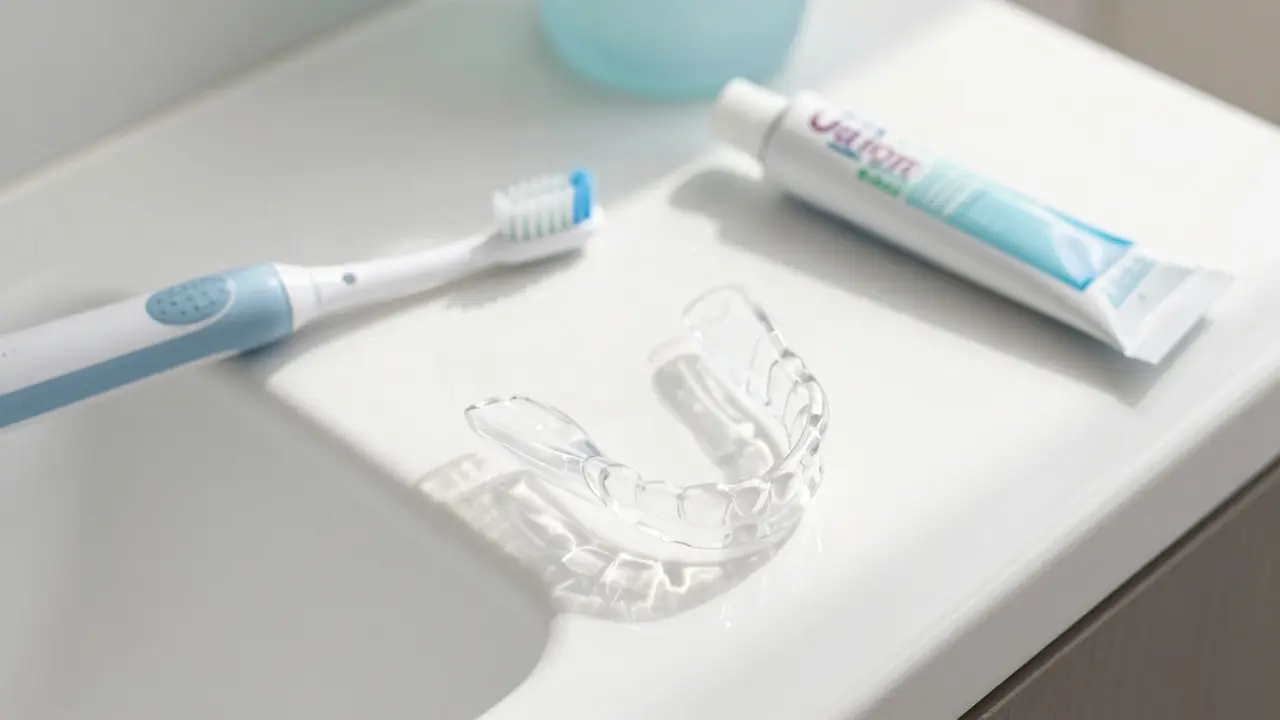 Noční dlaha pro prevenci bruxismu vedle sonického kartáčku v koupelně.