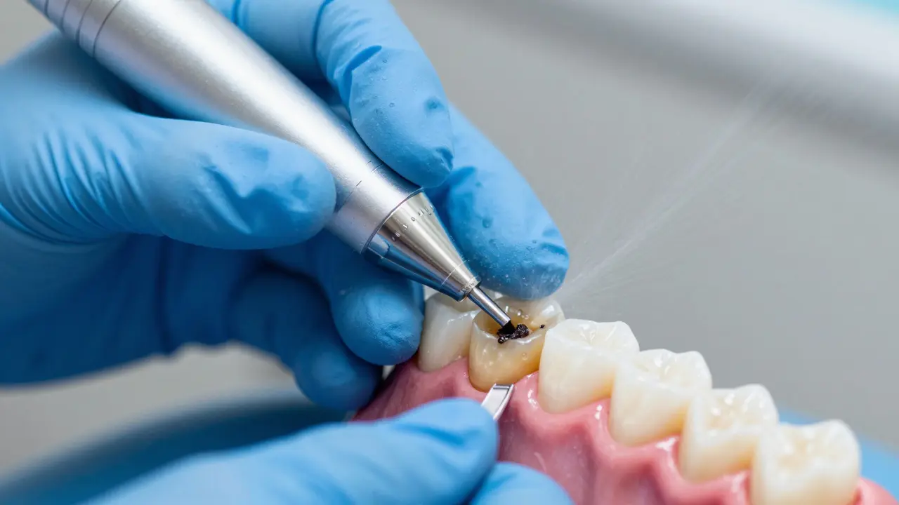 Profesionální ultrazvukové čištění zubů od černého zubního kamene.