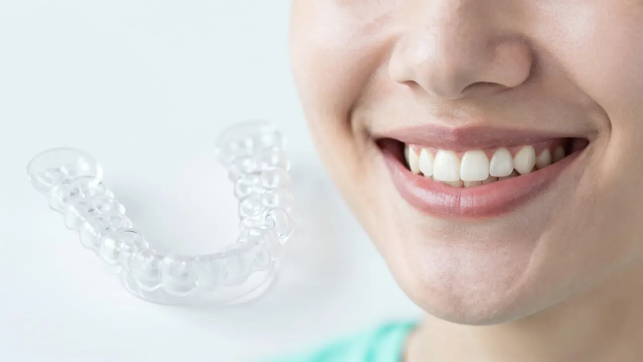 Průhledný aligner a úsměv člověka s rovnými zuby po úspěšné ortodontické léčbě.