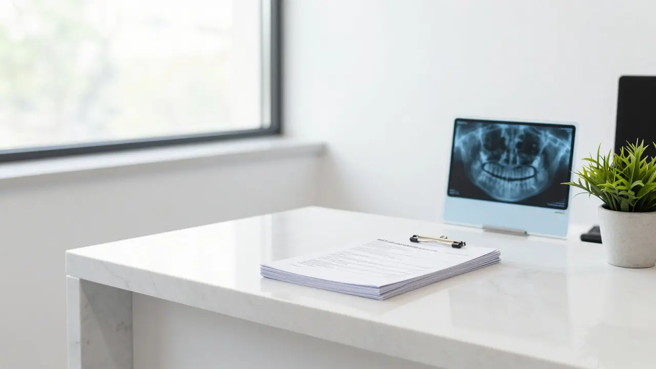 Recepce moderní stomatologické kliniky s dokumenty a rentgenem na pultu.