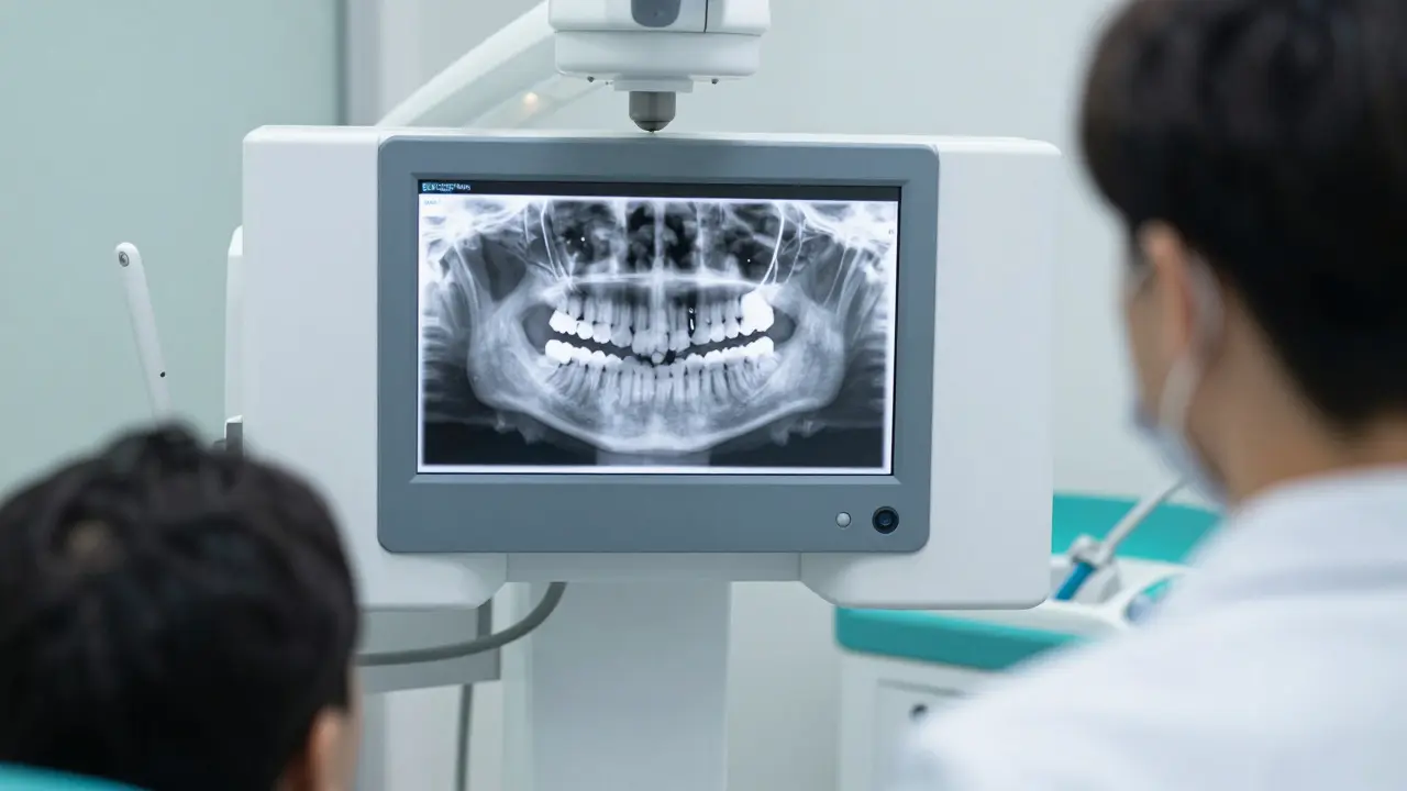 Rentgenový snímek čelisti v moderní zubní ordinaci znázornující zablokovaný zub.