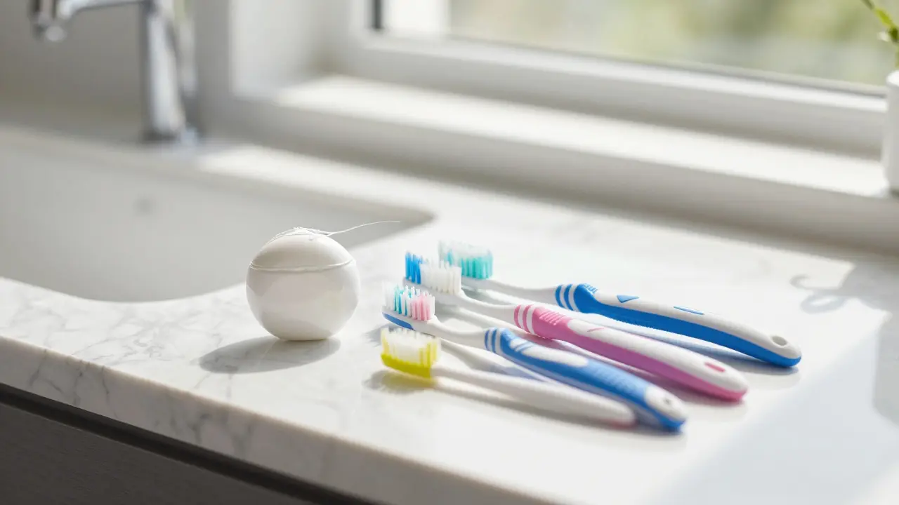 Sada pomůcek pro mezizubní hygienu včetně nitě a mezizubních kartáčků.