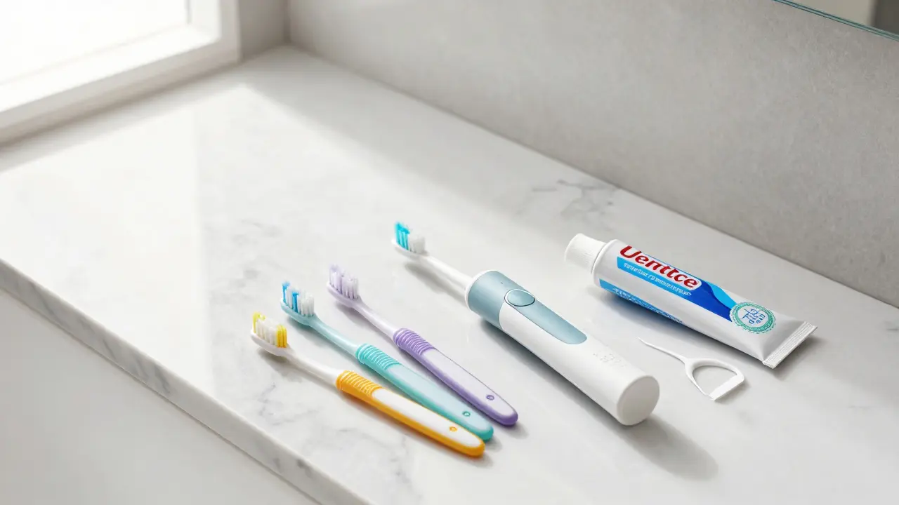 Sada pro hygienu zubů s elektrickým kartáčkem a mezizubními kartáčky.