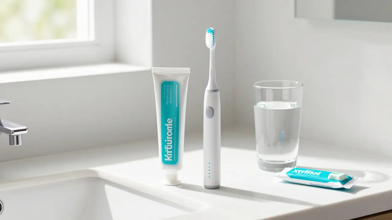 Sada pro hygienu zubů: sonický kartáč, fluoridová pasta a xylitolové žvýkačky.