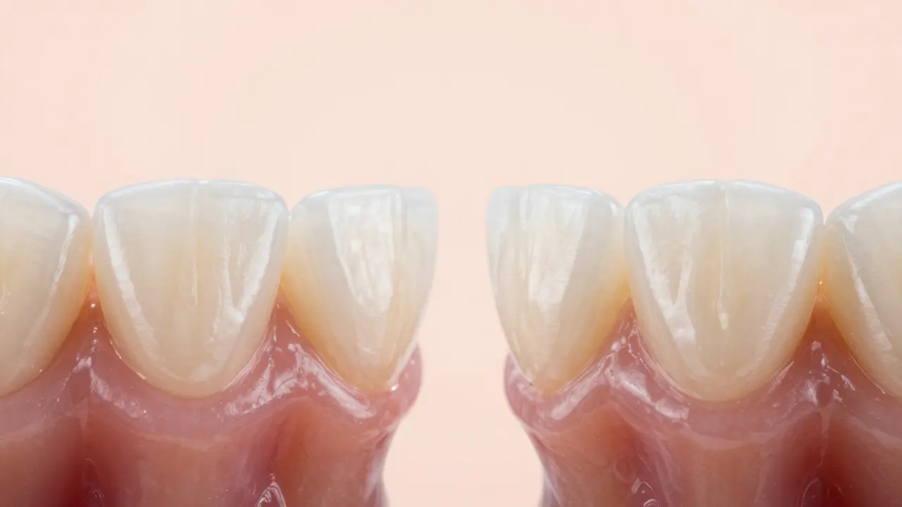 Srovnání poškozeného zubu a zubu s keramickou facetkou