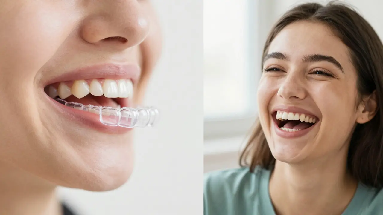 Srovnání průhledného aligneru a sebevědomého úsměvu po léčbě.