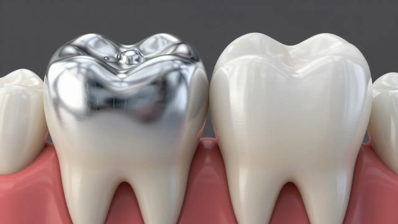 Srovnání staré stříbrné plomby a moderní bílé kompozitní výplně.