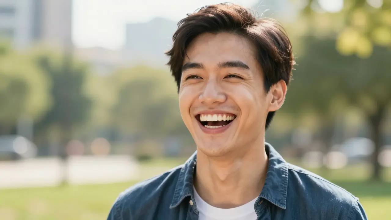 Šťastná osoba s krásným a přirozeným úsměvem v slunečné krajině.